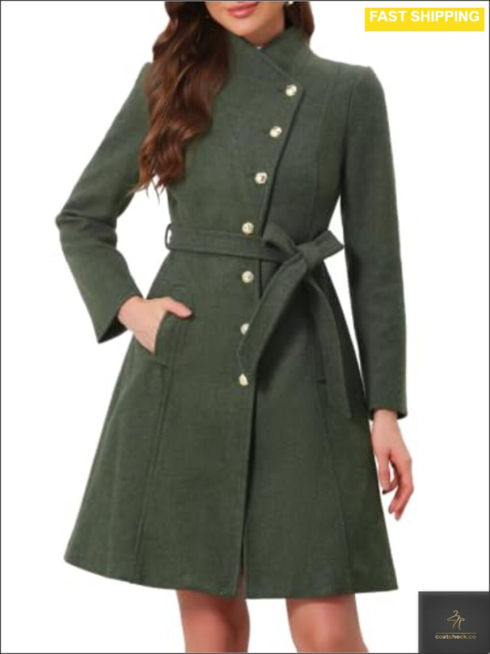 Women's Pea Coat Long Winter Stand Collar Belted Trench Coat